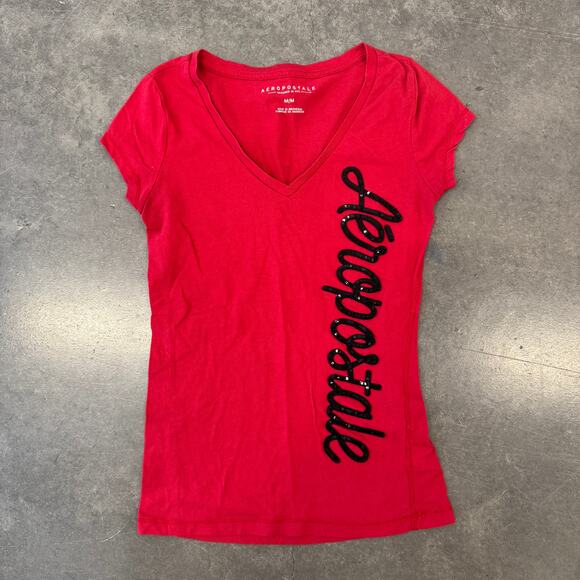 Vintage Y2K Aeropostale Sequin Red Black Baby Tee Short Sleeve Medium - Picture 1 of 5